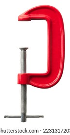 Single red screw clamp, carpenter or locksmith tool, isolated on white background