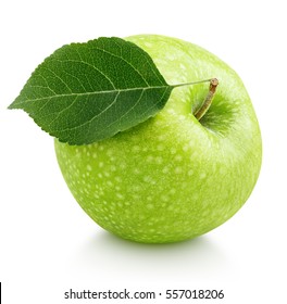 Single ripe green apple with green apple leaf isolated on white background. Apple and leaf with clipping path