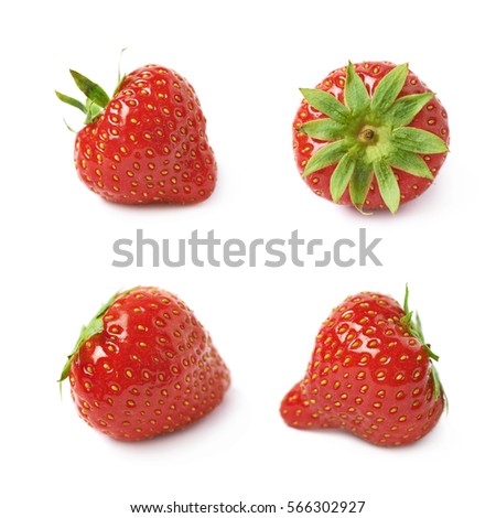 Single ripe red strawberry isolated over the white background, set of four different foreshortenings