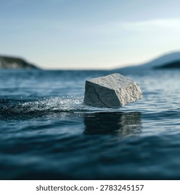 A single, rough-hewn stone breaks the surface of calm, deep blue water, with a gentle ripple effect.