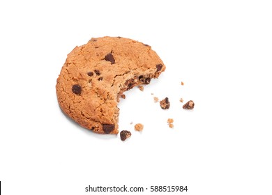 Single Round Chocolate Chip Biscuit With Crumbs And Bite Missing, Isolated On White From Above. Sweet Biscuits. Homemade Pastry. Chocolate Chip Cookie.