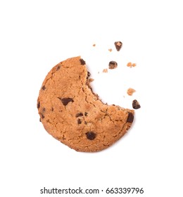 Single Round Chocolate Chip Biscuit With Crumbs And Bite Missing, Isolated On White From Above. Sweet Biscuits. Homemade Pastry. Chocolate Chip Cookie.