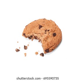 Single Round Chocolate Chip Biscuit With Crumbs And Bite Missing, Isolated On White From Above. Sweet Biscuits. Homemade Pastry. Chocolate Chip Cookie.