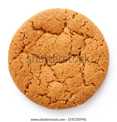 Single round ginger biscuit isolated on white from above.