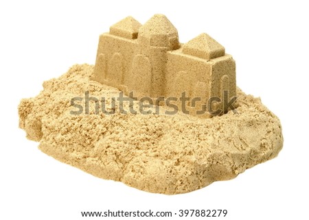 Single Sand Castle Made From Sand Isolated On White Background, Concept for Indoor Children Creativity, Front View, Close Up