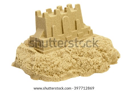 Single Sand Castle Made From Magic Sand Isolated On White Background, Concept for Indoor Children Activity, Front View, Close Up