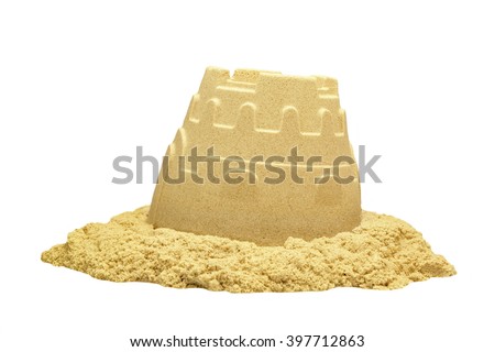 Single Sand Castle Tower Made ofMagic Sand Isolated On White Background, Indoor Or Outdoor Summer Activity, Front View, Close Up, Isolated