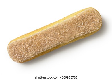 Single savoiardi sponge biscuit isolated on white. From above.