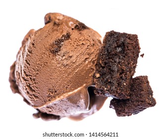 Single scoop of chocolate - brownie ice cream with brownies from above isolated on white background.

Real edible icecream, no artificial ingredients used!