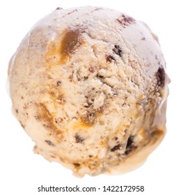 Single scoop of vanilla - caramel - brownie ice cream isolated on white background - top view

real edible icecream, no artificial ingredients used!