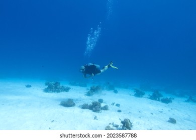 Single Scuba Diver Over A Coral Reef, Air Bubbles, Underwater Landcape