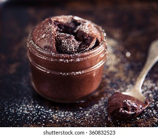 Single Serving Of Molten Chocolate Cake Baked In Glass Jar