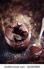 Single Serving Of Molten Chocolate Cake Baked In Glass Jar