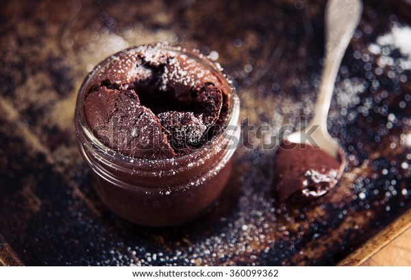 Single Serving of Molten Chocolate Cake Baked in\
Glass Jar
