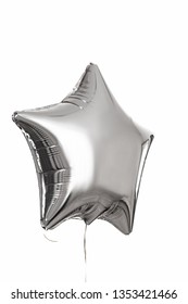 Single Silver Big Star Metallic Balloon Object For Birthday Isolated On A White Background