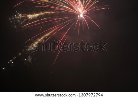 single skyrocket exploding on night sky in red and golden sparkling colors