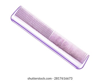 Single sleek purple translucent plastic comb with fine teeth on a whitebackground.