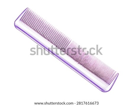 Single sleek purple translucent plastic comb with fine teeth on a whitebackground.