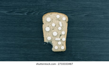 A single slice of bread with white pills on a dark wooden surface, creating a striking, surreal contrast between food and medicine. Slice of bread with white pills creates surreal medical imagery