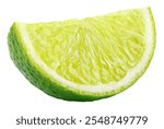 Single slice of lime citrus fruit isolated on white background without shadow. Full depth of field.