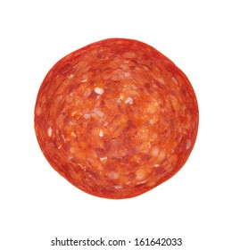 Single slice of pepperoni meat,isolated on white with path, shot from above