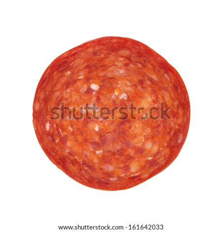 Single slice of pepperoni meat,isolated on white with path, shot from above