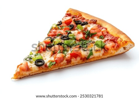A single slice of pizza with a crispy crust isolated on white