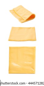 Single Slice Of Processed Wrapped Cheese Isolated Over The White Background, Set Of Three Different Foreshortenings