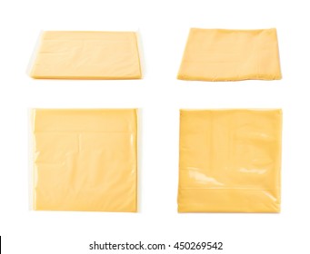 Single Slice Of Processed Wrapped Cheese Isolated Over The White Background, Set Of Four Different Foreshortenings