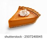 Single Slice of Pumpkin Pie Dessert with cream on top,  Homemade Pastry isolated on white background, Thanksgiving, autumn holidays celebration