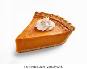 Single Slice of Pumpkin Pie Dessert with cream on top,  Homemade Pastry isolated on white background, Thanksgiving, autumn holidays celebration