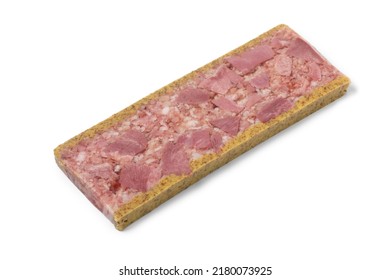 Single slice of traditional Belgian brawn, head cheese, with mustard on white background close up 