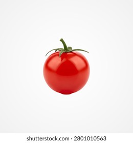 Single small red cherry tomato with green stem on white background, keywords: cherry tomato, red