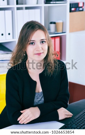 Similar – Image, Stock Photo Smiling businesswoman working at desk with laptop