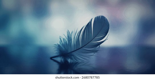 A single, soft blue feather is captured in sharp focus, resting on a smooth, reflective surface