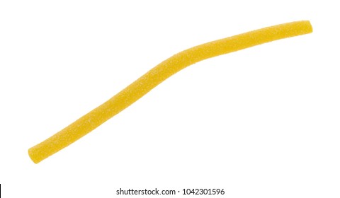 A Single Sour Lemon Candy Rope Isolated On A White Background.