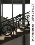 Single speed bike on the stairs against the background of light windows, vintage vertical photo