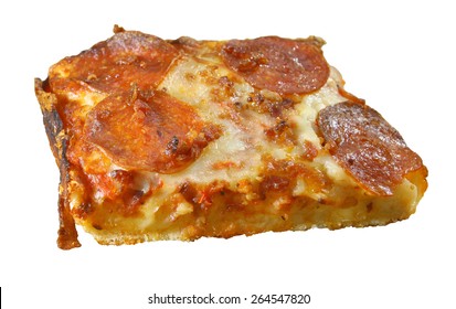 A Single Square Slice Of Bacon Wrapped Pepperoni Bacon And Cheese Deep Dish Pizza Isolated On White Using A Shallow Depth Of Field