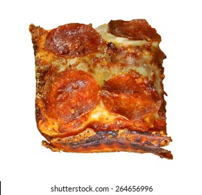 A Single Square Slice Of Bacon Wrapped Pepperoni Bacon And Cheese Deep Dish Pizza Isolated On White Using A Shallow Depth Of Field