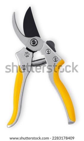 single steel gardening scissor with yellow grip for pruned of plants, vegetable and flowers garden work. Pruning of vineyard or fruit tree, top view isolated on white background with clipping path