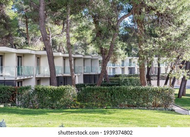 single storey accommodation surrounded by greenery and pine trees