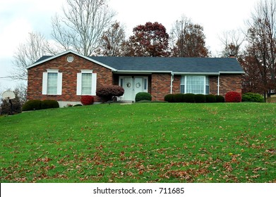 Single Story Ranch Style House In The Autumn.