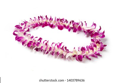 Single Strand Hawaii Flowers Lei Necklace Made From  Orchid Flower, Dendrobium Hybrid Pink, From Thailand On White Background.