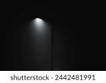 Single streetlamp glowing in the dark with fog air, dramatic street scene with light of lamppost at mist darkness, nobody