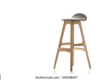 Single Tall Wooden Leg Stool Isolated on White Background. Emphasizing Copy Space.