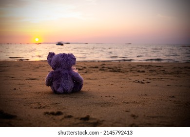 Single Teddy Bear on Sand Beach at Coast of Water Sea Shore Nature Sunset Background. Vintage with free space. Plush Toy symbols Lonely, Broken Heart, Lost Child,International Missing Children's Day.