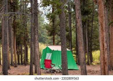 Single Tent Camping In The Forest Woods Or Campground On A Dreary Rainy Cold Day In Nature