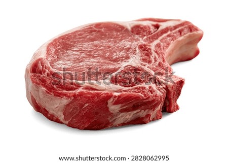 A single thick cut of raw red beef steak showing natural fat marbling against a plain white background.