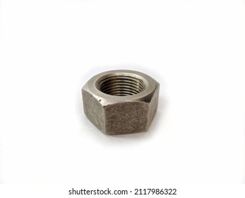 Single Thread Hexagon Nut Made Of Steel Metal On A White Background