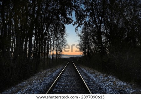 Single train track through the forest at dawn with light snow on the ground in early December